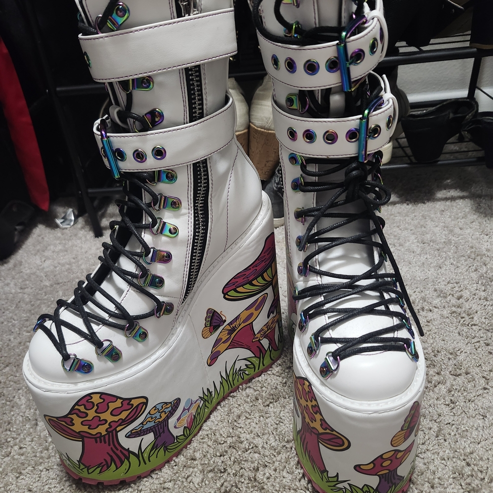 Dolls Kill White Platform Mushroom Print Lace-Up Buckle Boots - Picture 2 of 5